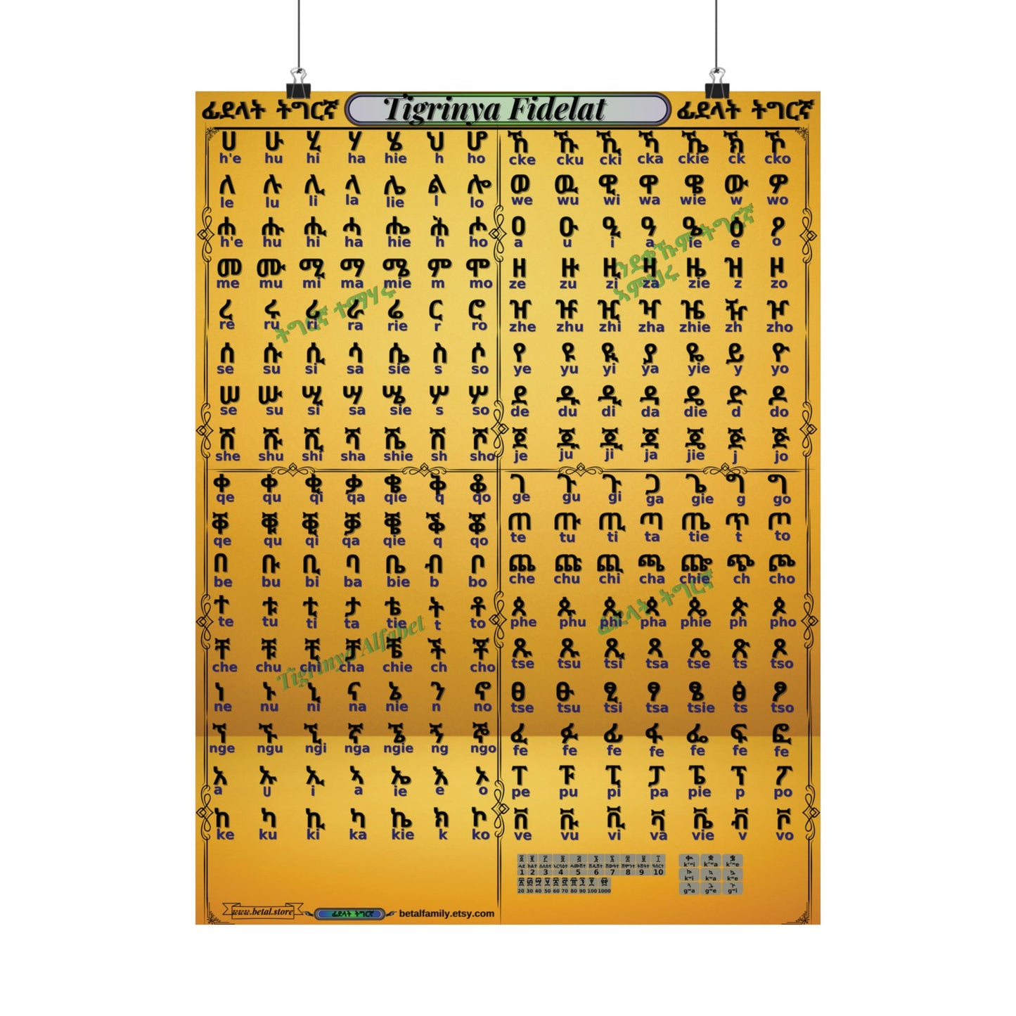 Tigrinya Alphabet, Tigrigna/Fidelat Geez/Fidelat Wall Matte Vertical Posters 18x24.