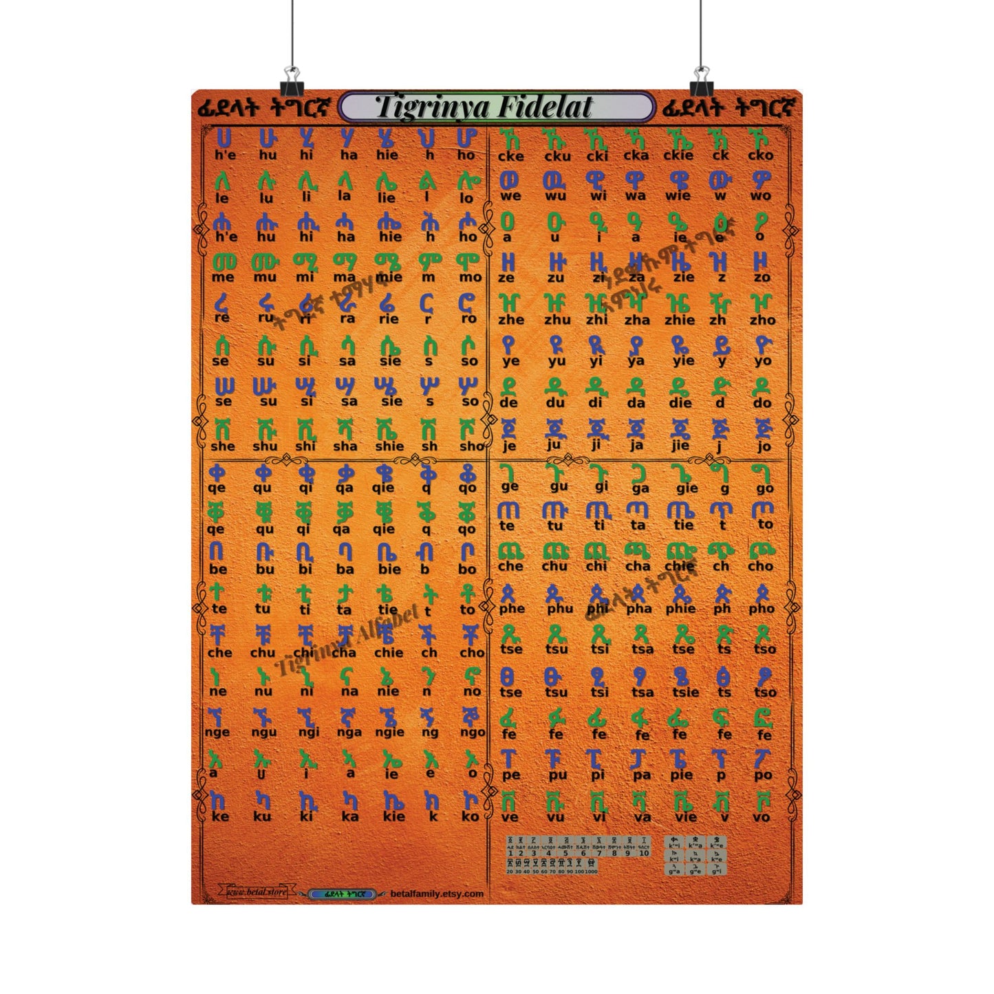 Tigrinya Alphabet, Tigrigna/Fidelat Geez/Fidelat Wall Matte Vertical Posters 18x24.
