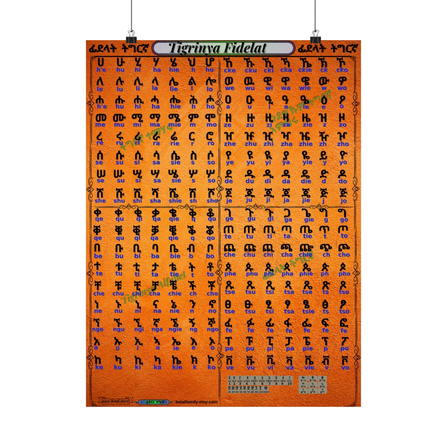 Tigrinya Alphabet, Tigrigna/Fidelat Geez/Fidelat Wall Matte Vertical Posters 18x24.