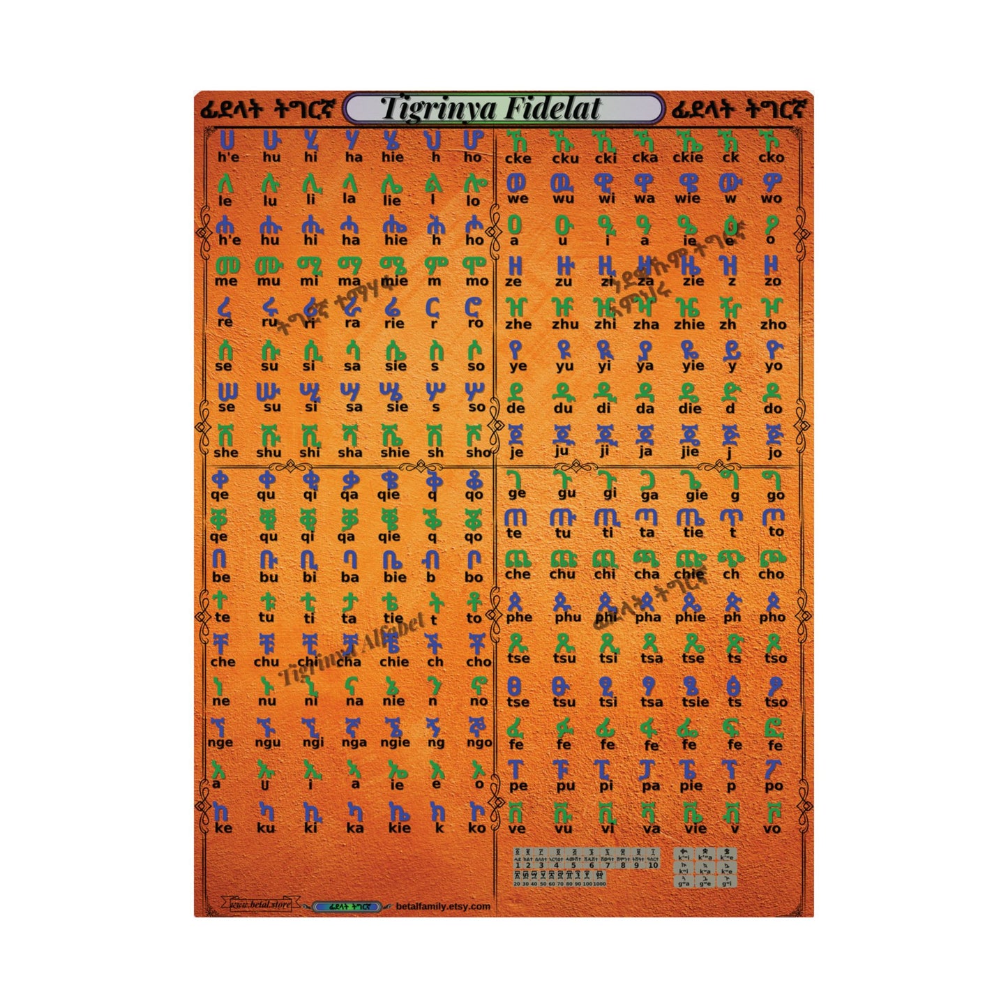 Tigrinya Alphabet, Tigrigna/Fidelat Geez/Fidelat Wall Matte Vertical Posters 18x24.